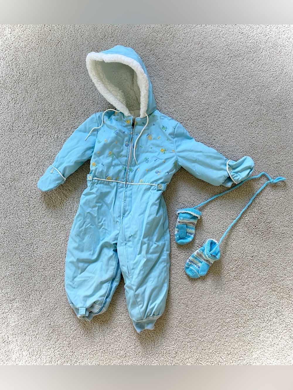Vintage Playland Baby Snowsuit | Powder Blue | Hooded | Double Zipper | Mittens